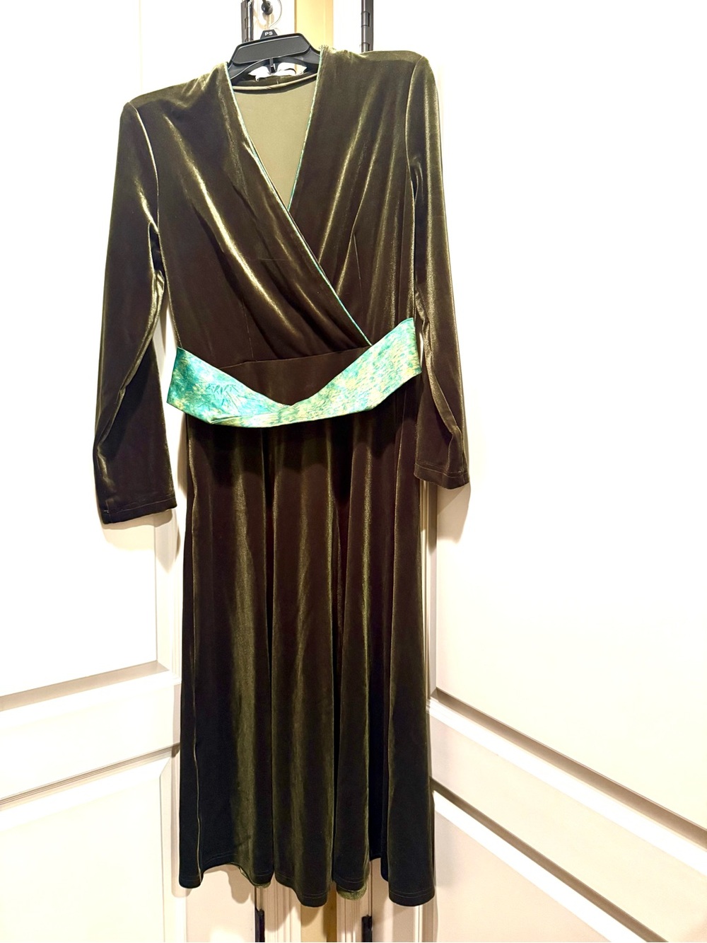 Olive Velvet Wrap Maxi Dress with Teal Waist Accent
